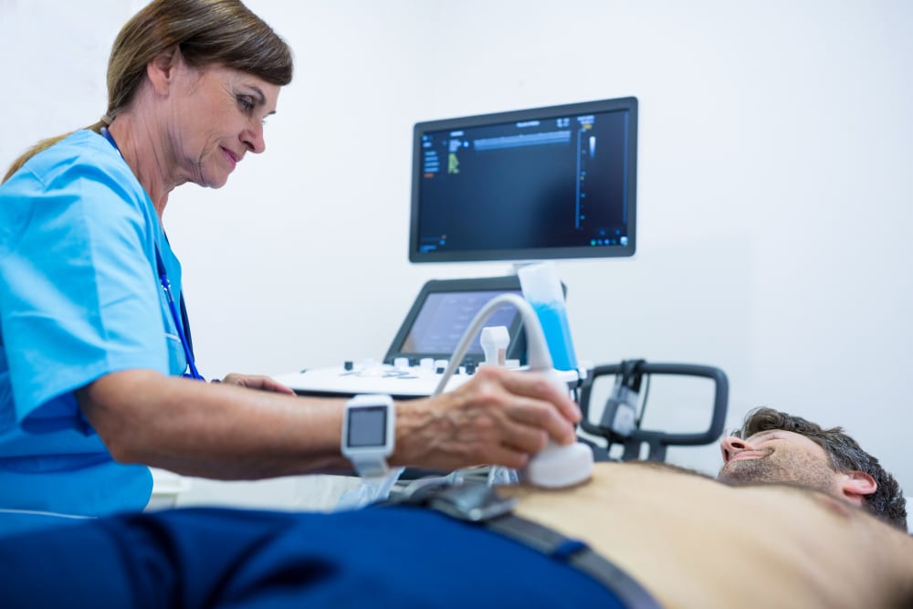 complete abdominal ultrasound scan to check organs and internal structures 